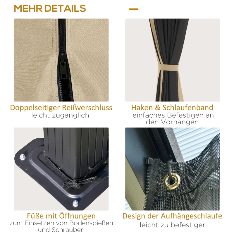 Outsunny Pavillon, Dach aus Polycarbonat, 4 Seitenwände und Fliegennetze, Stahlrahmen, khaki, 3 x 3,60 x 2,70 m