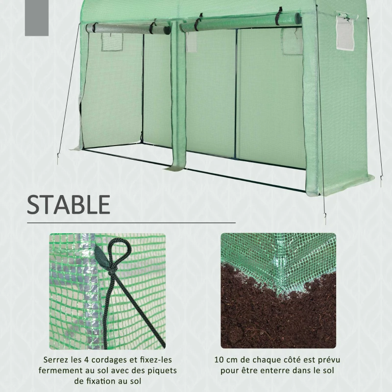 Outsunny Serre de jardin 3 m² en PE, serre d'extérieur avec bâche renforcée 140 g/m² Anti-UV, châssis en acier, 2 portes zippées déroulantes et 4 fenêtres enroulables, 3 x 1 x 2 m, vert