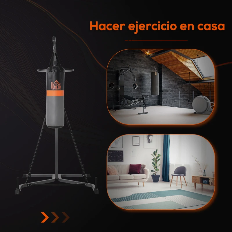 HOMCOM Saco de Boxeo Colgante con Bola de Velocidad Ajustable en Altura de 167-187 cm  e Inflador 115x157x221 cm Negro y Gris