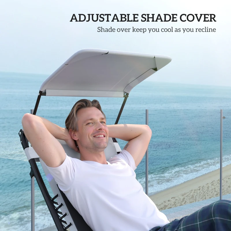 Outsunny Zero Gravity Lounger Chair Set of 2, Folding Reclining Patio Chair with Shade Cover, Padded Seat, Cup Holder, Soft Cushion and Headrest for Poolside, Camping, Light Grey