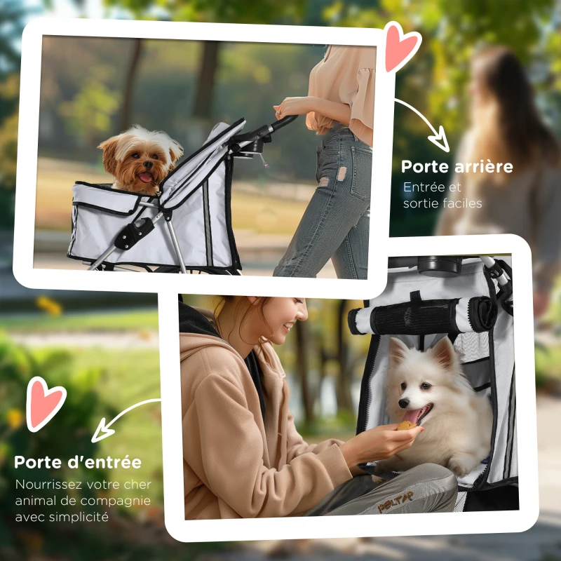PawHut Poussette buggy pliable animaux chariot pliante chien chat porte-gobelet panier de rangement inclus roues avec frein tissu 600D Oxford acier 75 x 45 x 97 cm gris
