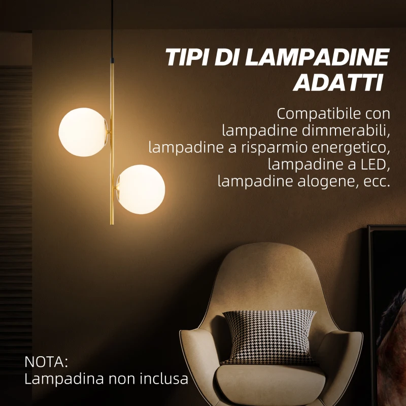 HOMCOM Lampada a Sospensione con 2 Paralumi in Vetro e Filo Regolabile, in Metallo, 32x15x51 cm, Bianca e Oro