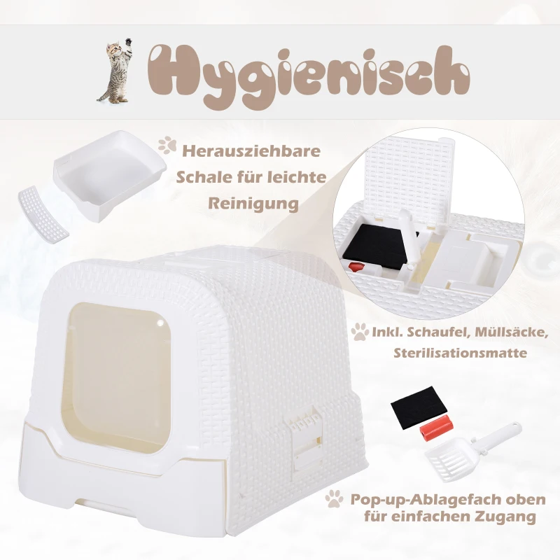 PawHut Katzentoilette mit ausziehbarer Schale, Katzenklo mit Schaufel, Tragbar, PP, Weiß, 54 x 42 x 41 cm