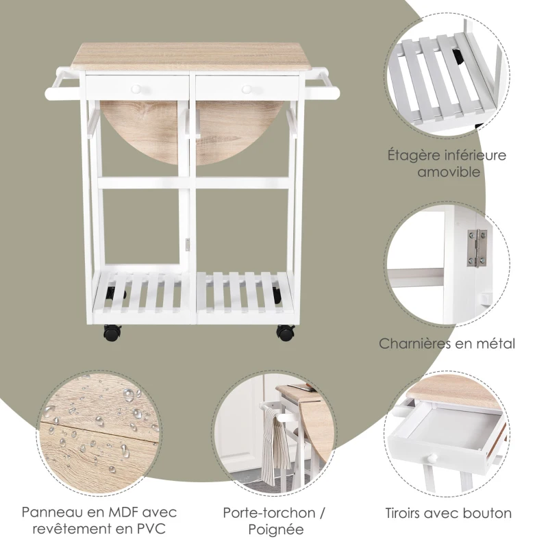 HOMCOM Ensemble Table de Bar Pliable sur roulettes avec étagère et 2 tiroirs + 2 tabourets Bois pin MDF Blanc chêne Clair