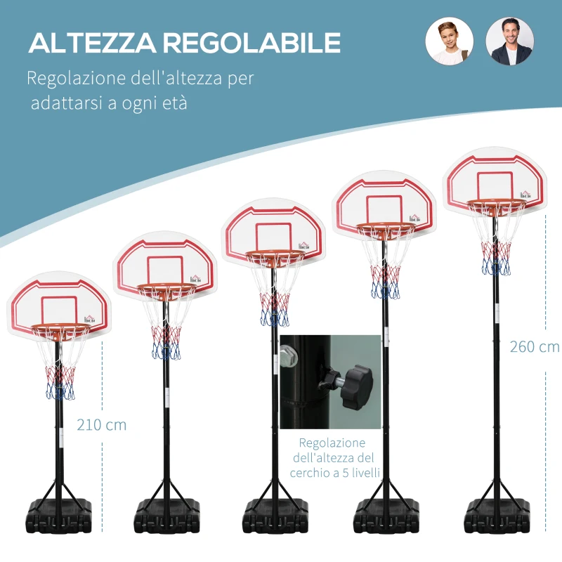 HOMCOM Canestro Basket ad Altezza Regolabile con Base Riempibile e 2 Ruote, in Acciaio, PE e HDPE, 70x45x2 cm