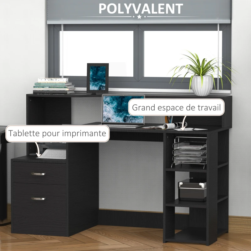 HOMCOM Bureau informatique avec 2 tiroirs, bureau avec rangement, 137 x 55 x 92 cm, étagères ouvertes et tablette d'imprimante, style moderne, table d'ordinateur pour chambre, studio, noir