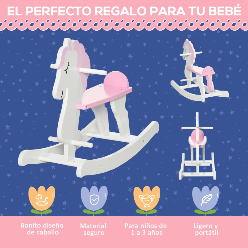 HOMCOM Caballito Balancín para Niños de 1-3 Años de Madera con Manillar y Pedales Carga 50 kg 68x27x46,5cm Blanco y Rosa