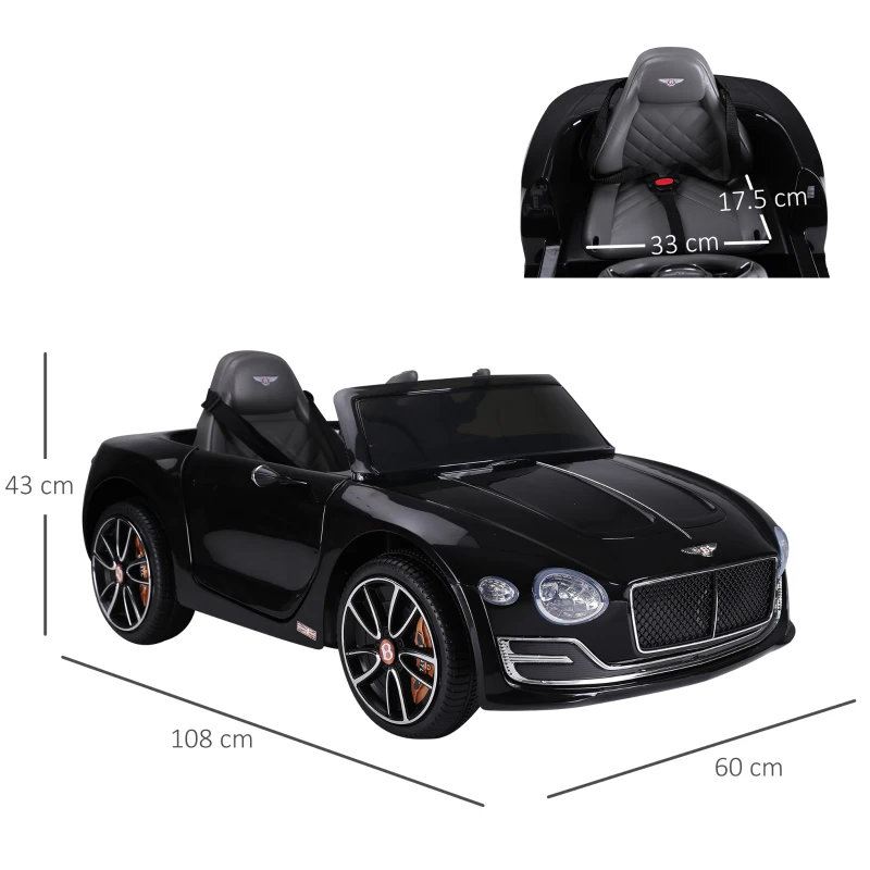 HOMCOM Macchina Elettrica per Bambini Bentley GT 6V, con Doppi Motori, Auto Elettrica per Bambini con Telecomando, Clacson, Suoni, Fari e 2 Portiere Apribili, 2.5-5 km/h, per 3-5 Anni, Nero