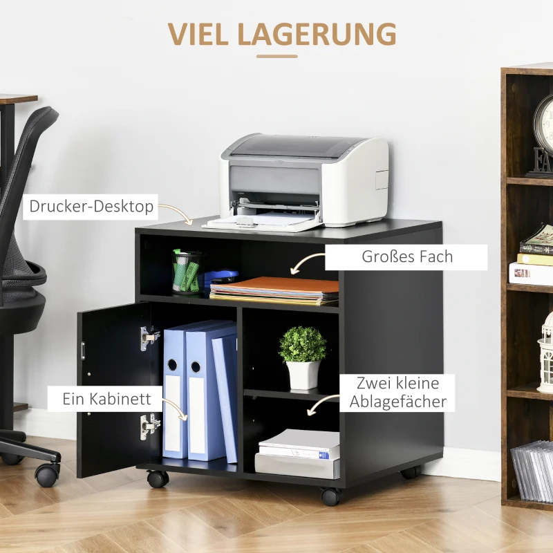HOMCOM Druckerständer Druckertisch Bürowagen Rollwagen mit Schrank+Regale Spanlatte Schwarz 60 x 50 x 65,5 cm