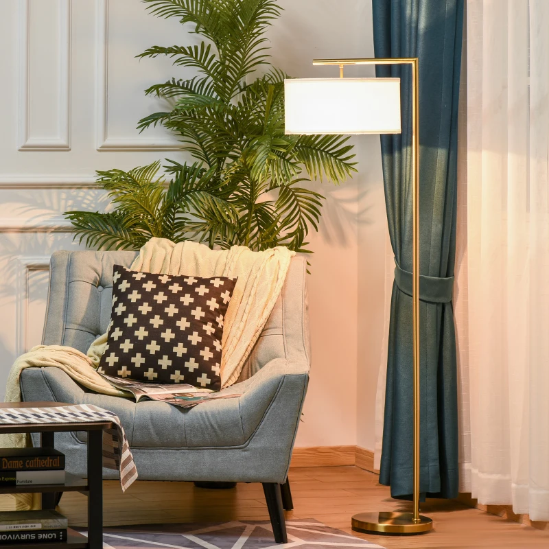 HOMCOM Lampada da Terra Moderna in Metallo e Paralume in Tessuto, Lampada da Lettura E27 47x37x153cm, Oro e Bianco