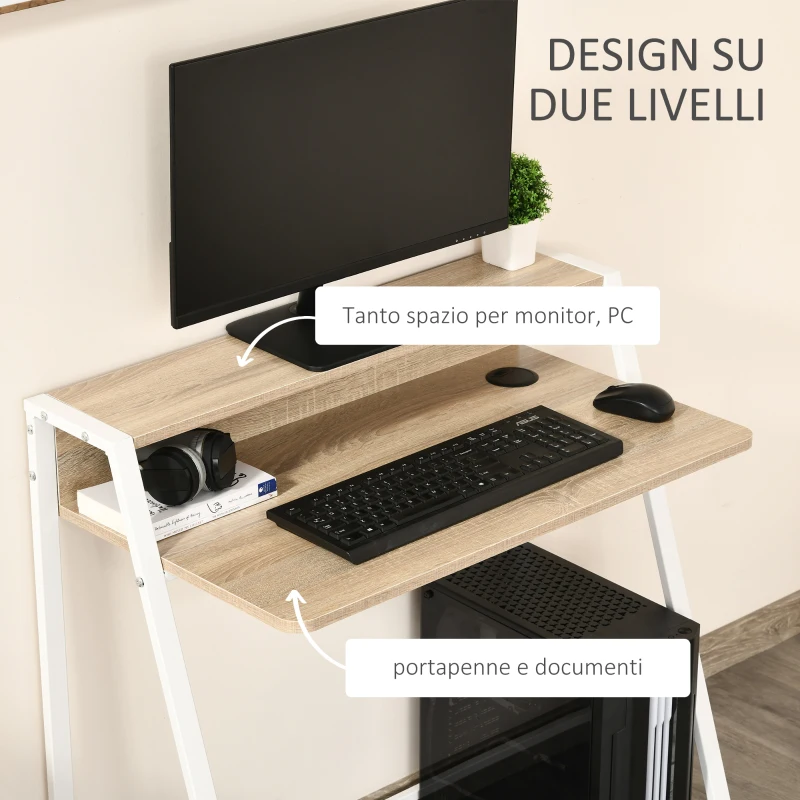 HOMCOM Scrivania Moderna per Camera e Ufficio a 2 Livelli, Arredamento in Legno e Metallo, 84x45x85cm, Bianco e Rovere