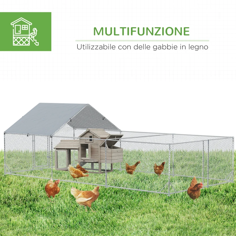 PawHut Pollaio da Giardino per 15-18 Galline in Acciaio Zincato e PE con Tettoia e Serratura, 600x300x195 cm