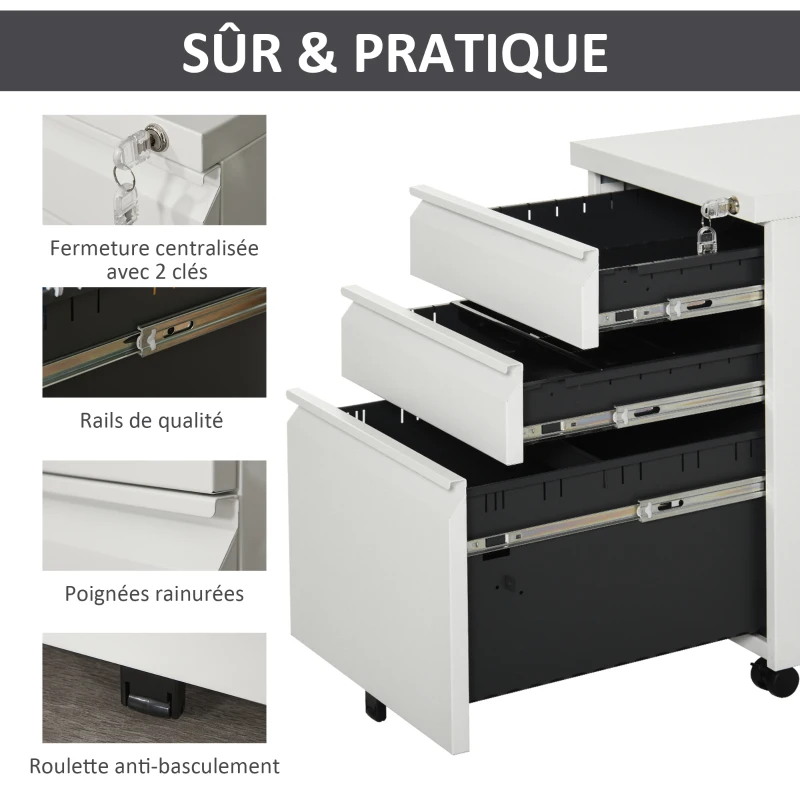 HOMCOM Caisson de bureau mobile rangement bureau sur roulettes 3 tiroirs verrouillables 39 x 48 x 60 cm blanc