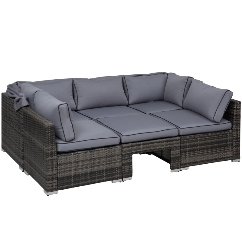 Outsunny Rattan Lounge Set, Sitzgruppe mit Sonnendach, Garten Loungegruppe, inkl. Kissen und Beistelltisch, Metall, Grau, 215 x 75 x 64 cm