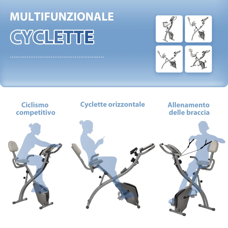 HOMCOM Cyclette Pieghevole 2 in 1, Resistenza Magnetica Regolabile 8 Livelli, Bici da Fitness con Sensore di Frequenza Cardiaca, Elastici per Braccia, Schermo LCD, Volano 2.5kg, Grigio
