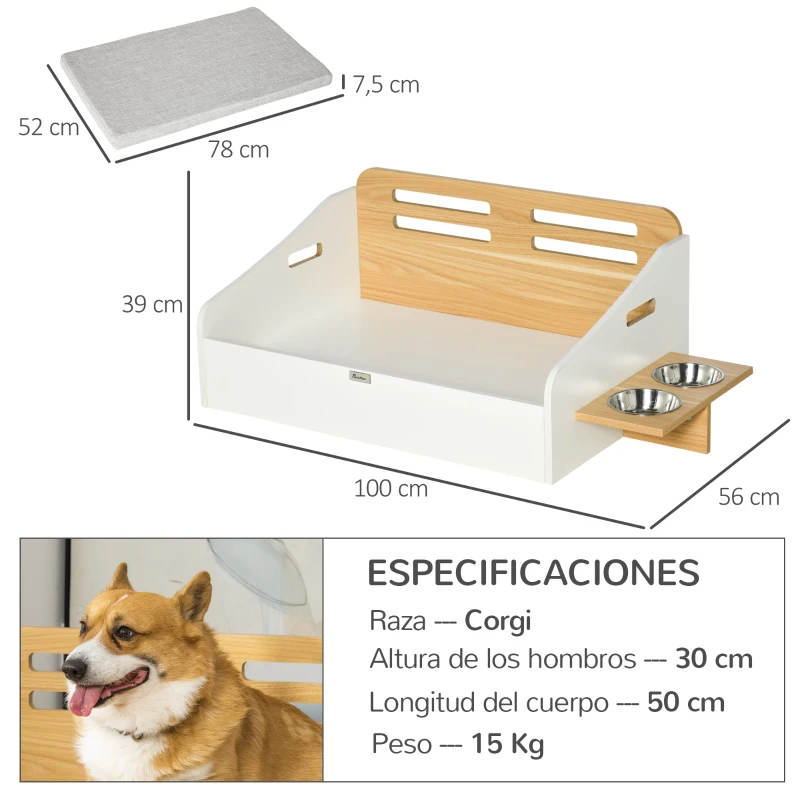 PawHut Cama de Madera para Perros Gatos Cama para Mascotas con Comedero 2 Cuencos Cojín Acolchado y Asas Huecas 100x56x39 cm Roble y Blanco