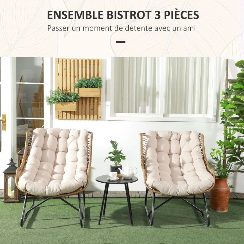 Outsunny Salon de jardin bistrot ensemble bistrot de jardin 3 pièces cadre en acier 2 chaises 1 table basse coussins inclus Kaki