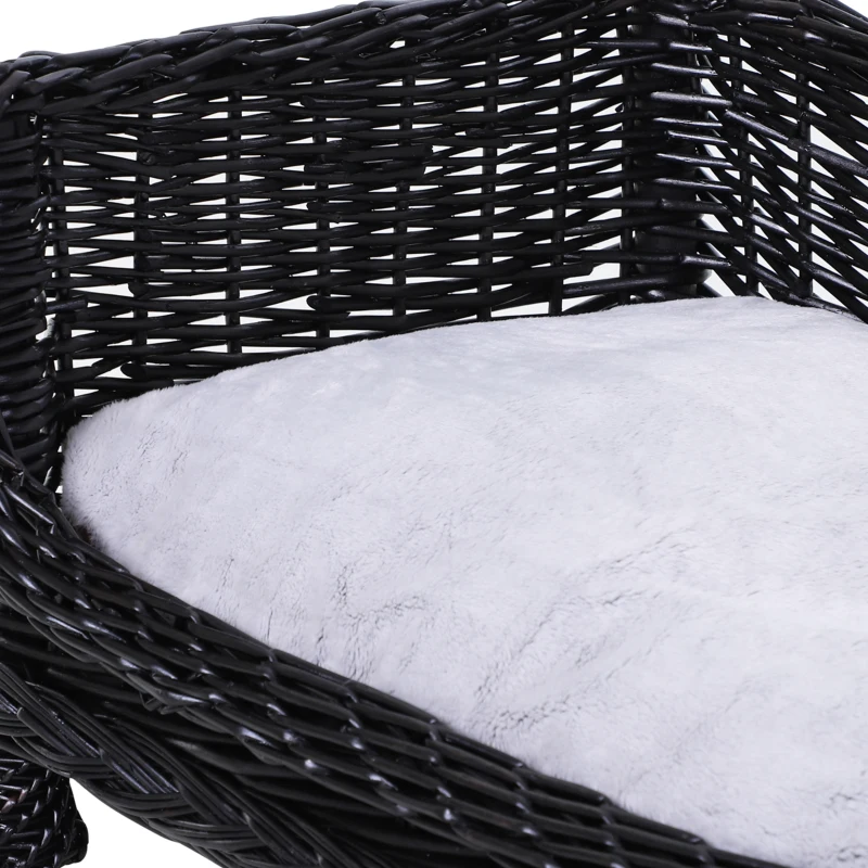 PawHut Cuccia per Animali Domestici Forma Chaise Longue in Vimini Nero Cuscino in Pile 69x42x33cm