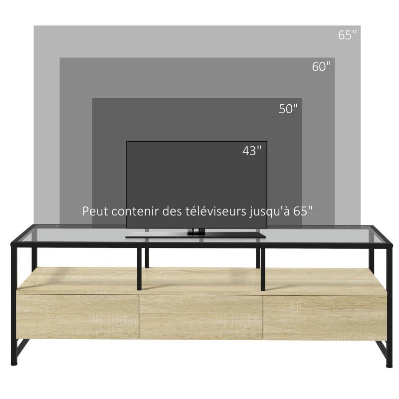 HOMCOM Meuble TV pour télévision jusqu'à 65 pouces plateau en verre trempé strucuture en acier avec 3 tiroirs 148 x 40 x 47 cm