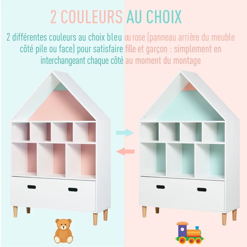 HOMCOM Bibliothèque étagère scandinave design maison 8 niches grand tiroir pieds effilés bois pin MDF blanc bleu ciel