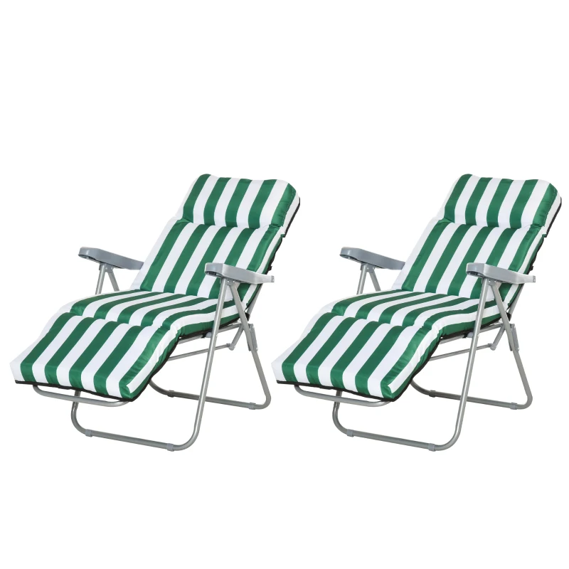 Outsunny 2 Pieces Outdoor Sun Lounger Set with Cushions, Patio Folding 5-Level   Adjustable Backrest Recliner Chairs Set of 2 with High Backrest and Armrests, Green & White