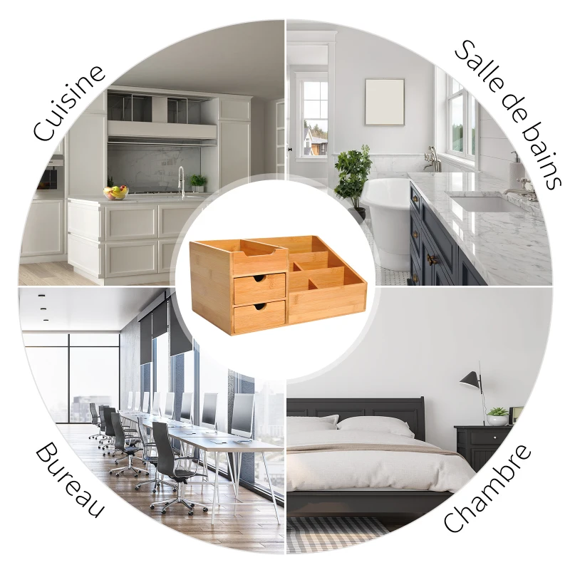 HOMCOM Boite de Rangement de Bureau - Organiseur de Bureau - 7 Compartiments, 2 tiroirs - Bambou Verni, Bambou