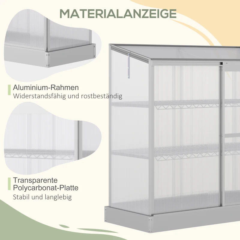 Outsunny Gewächshaus mit Fundamentrahmen, Polycarbonat-Gehäuse, 2 Regalböden, Aluminiumrahmen, 131 x 58 x 139,5 cm