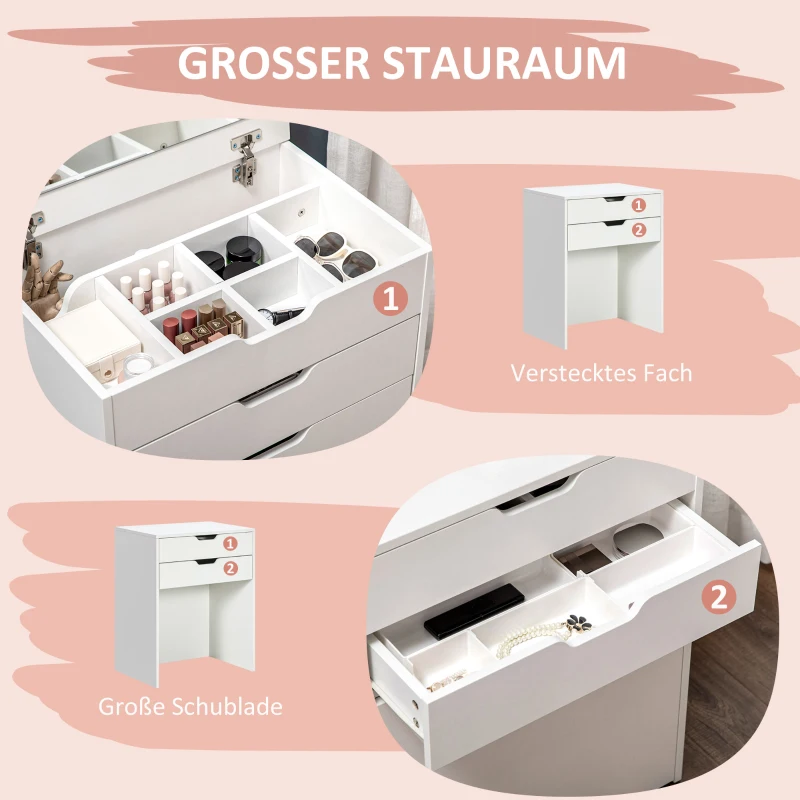 HOMCOM Kosmetiktisch, Schminktisch, mit Spiegel, Hocker, Schublade, Stauraum, weiß, 60 x 40 x 114cm
