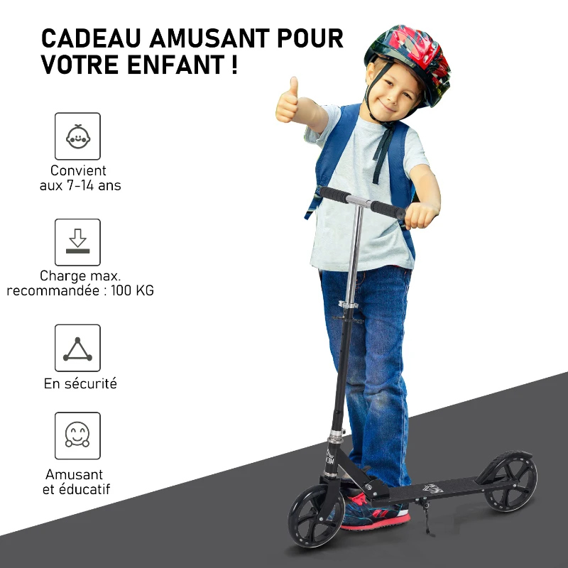 HOMCOM Trottinette Pliable Hauteur Guidon réglable sur 4 Niveaux système de freinage arrière pour enfant adolescent pois max. 100KG dim. 88L x 37l x 75-100H cm Noir