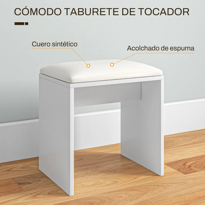 HOMCOM Tocador de Maquillaje con Taburete Espejo Cajón Estante Ajustable y Estantes Abiertos Anti-vuelco Blanco y Beige