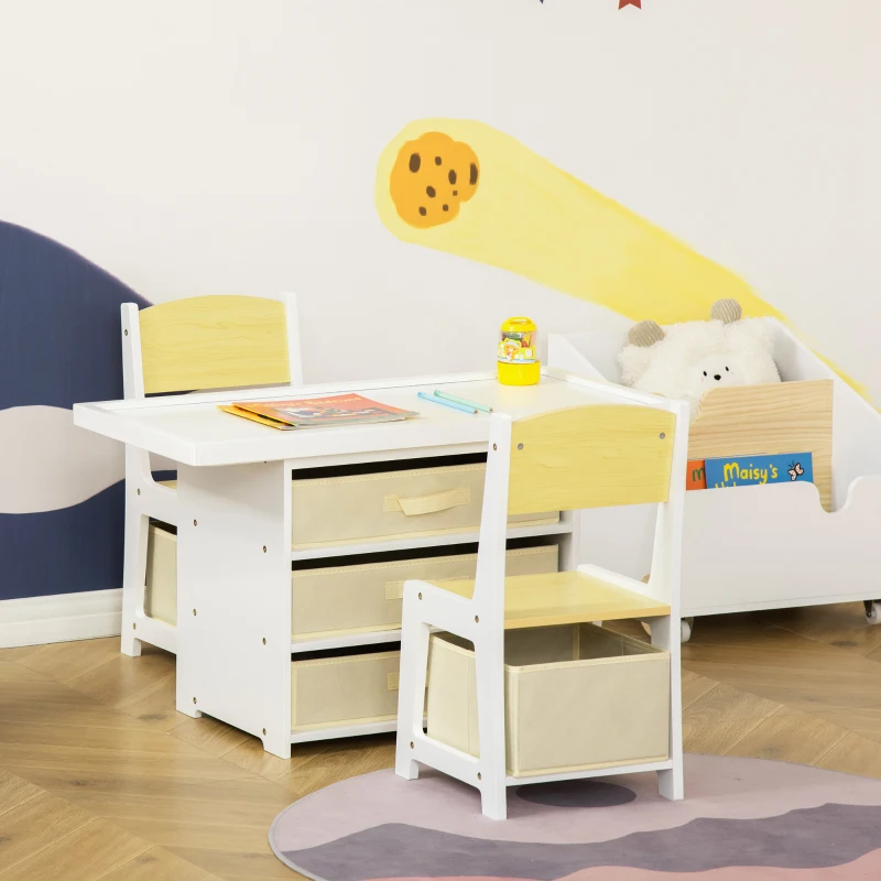 HOMCOM Juego de Mesa y Sillas Infantil de Madera 3 en 1 con 5 Cajones Tejidos de Almacenaje Mesa de Actividades para Bloques de Construcción y con Mapa de Ruta Color Natural