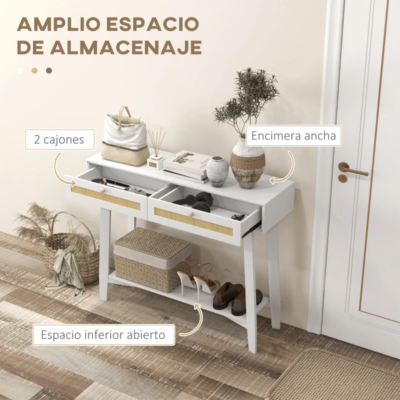 HOMCOM Consola Recibidor Mesa de Entrada con 2 Cajones de Diseño de Ratán y Estante Abierto para Pasillo 100x30x81 cm Blanco