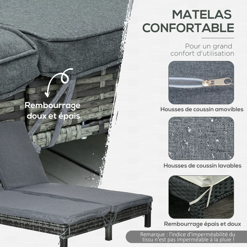 Outsunny Bain de soleil transat 2 places - grand confort - dossier inclinable multi-positions - matelas fournis - résine tressée gris