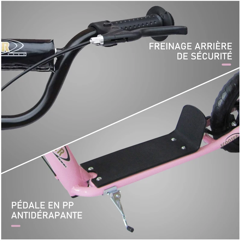 HOMCOM Trottinette enfant patinette pneus 30 cm Hauteur Guidon réglable poignée Frein et béquille Acier pour enfants à partir de 5 ans Rose
