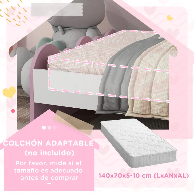 ZONEKIZ Cama Infantil de Madera 143x74x66 cm en Forma de Arcoíris Mueble de Dormitorio Moderno Carga 80 kg Rosa