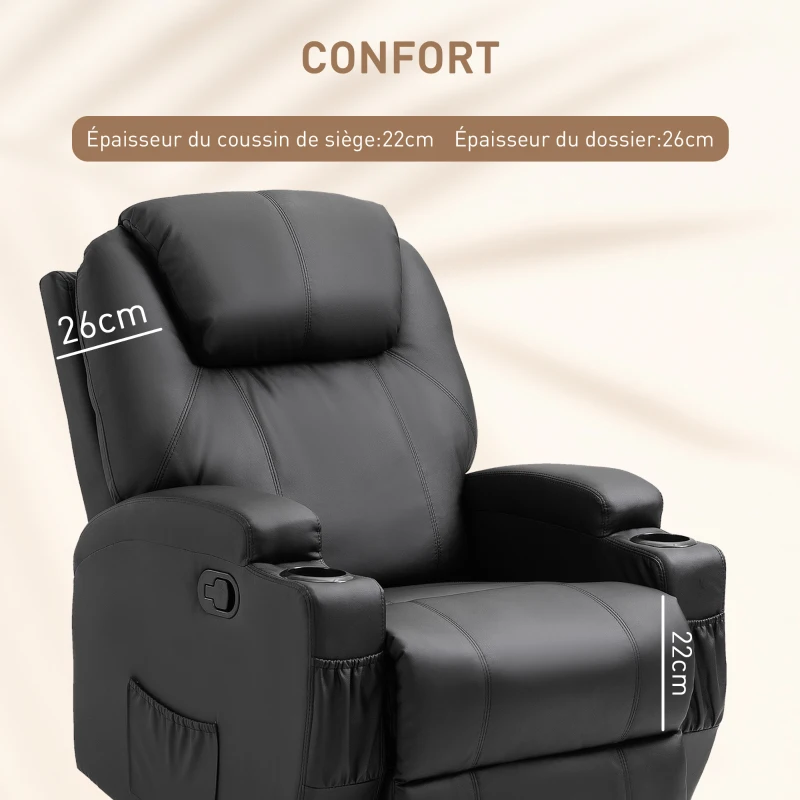 HOMCOM Fauteuil de massage inclinable, bascule et pivotant à 360°, fauteuil de relaxation, dossier et repose-pieds réglable manuellement, télécommande, porte-gobelets et poches latérales, noir
