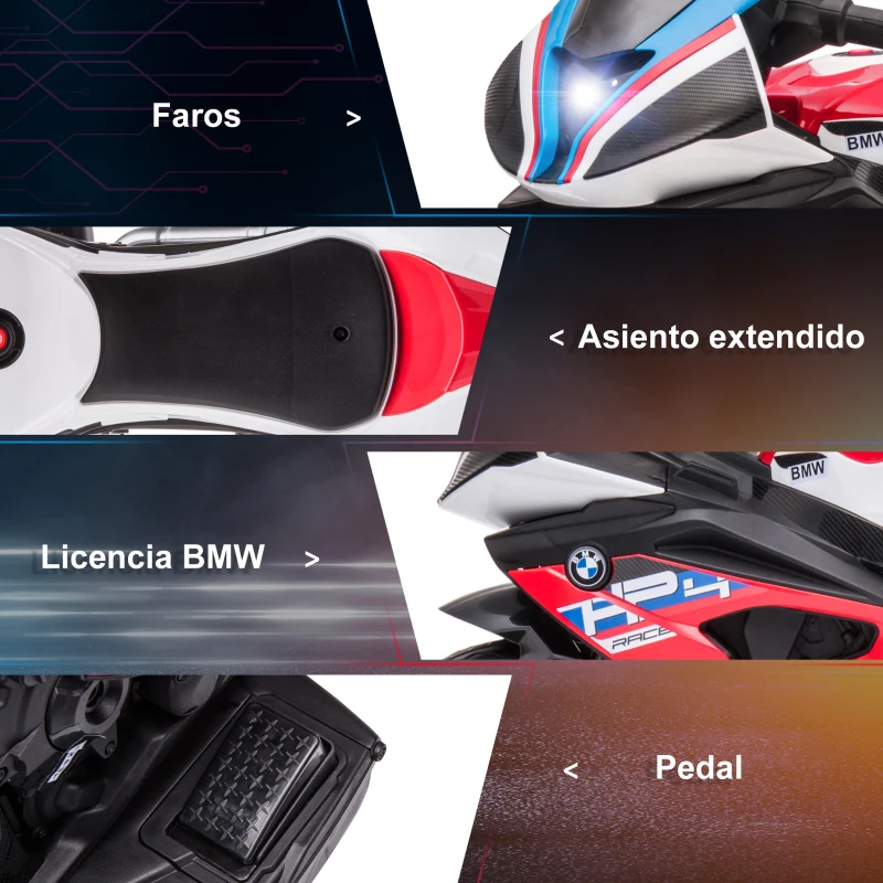 HOMCOM Moto Eléctrica BMW HP4 para +18 Meses con Música USB Velocidad 2,5 km/h Avance y Retroceso 82,5x42x54 cm Rojo