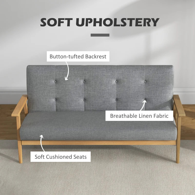 HOMCOM 3 Seater Sofa Modern Linen Fabric Upholstery Tufted Couch with Rubberwood Legs for Living Room and Kitchen, 155cm, Dark Grey