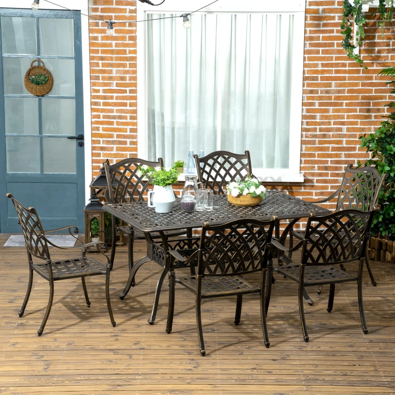 Outsunny 7 PCs Garden Patio Dining Set with Parasol Hole, Cast Aluminium Outdoor Furniture Set with Six Cushioned Chairs and Rectangle Dining Table, for Garden, Lawn, Deck, Bronze Tone