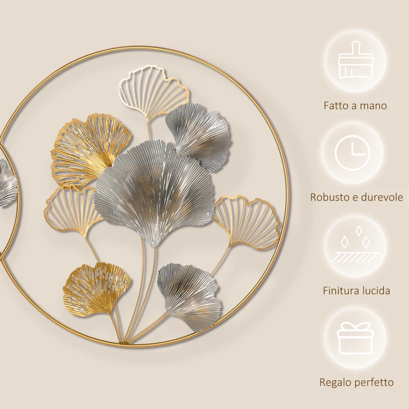 HOMCOM Decorazione Murale 3D in Metallo, Wall Art Dorata con Ginkgo in due Cornici Rotonde, 102x66.2cm, Oro e Argento