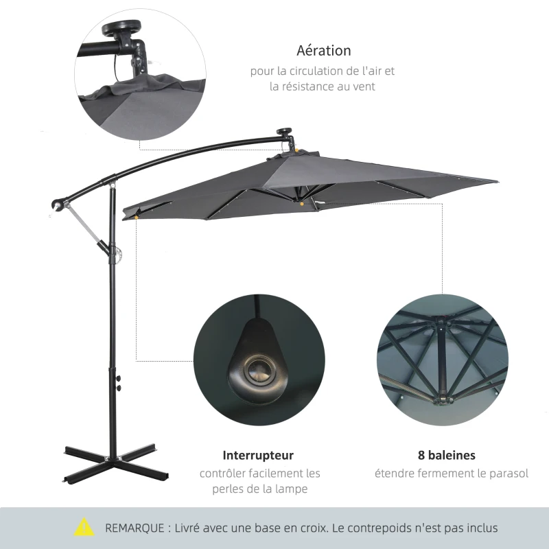 Outsunny Parasol déporté octogonal parasol LED inclinable manivelle piètement acier dim. Ø 3 x 2,6H m gris