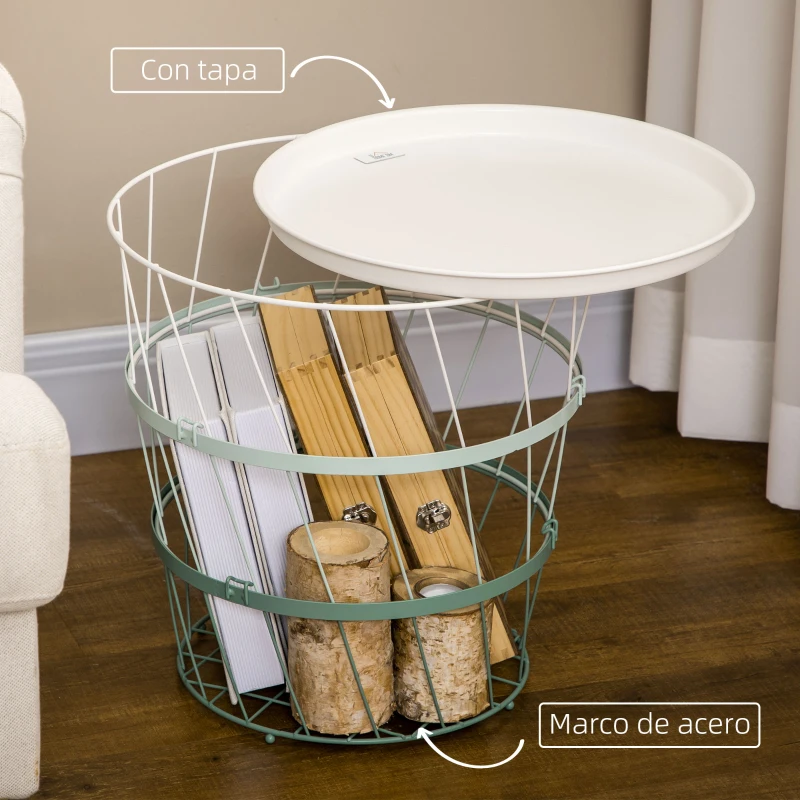 HOMCOM Mesita Auxiliar con Tapa Cesta de Alambre Apilable de Acero para Dormitorio Baño Salón Ø39,5x40,8 cm Verde