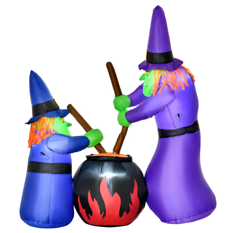 HOMCOM 1.8m Inflatable Halloween Lawn Decoration with LED Witches Around A Black Cauldron Outdoor Air Blown Holiday Décor