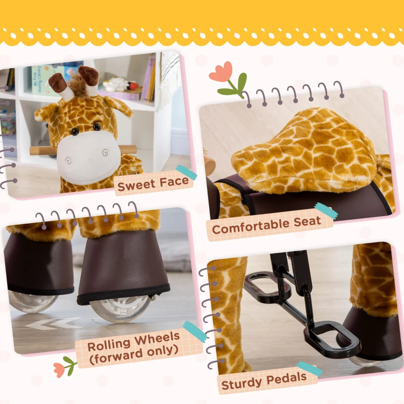 HOMCOM Kids Giraffe-Designed Riding Horse, with Wheels, for Ages 3-6 Years - Yellow and Orange