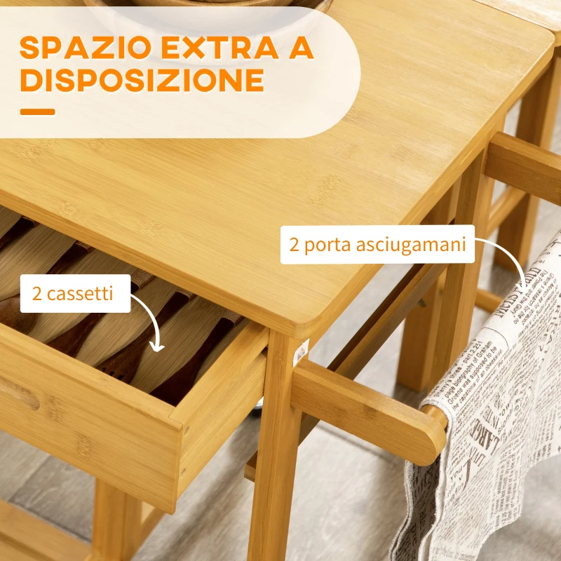 HOMCOM Carrello da Cucina con Tavolino Pieghevole e 2 Sgabelli, Ruote e Cassetti in Legno di Bambù