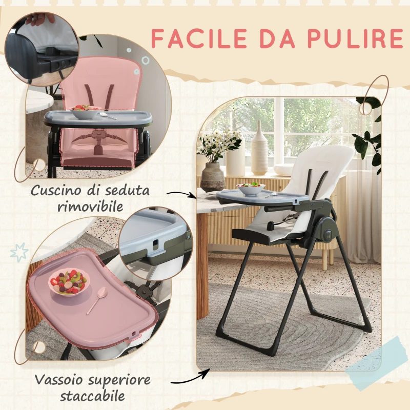 ZONEKIZ Seggiolone Pappa Pieghevole per Bimbi da 6-36 Mesi, Altezza Regolabile e Schienale Reclinabile, Nero e Bianco