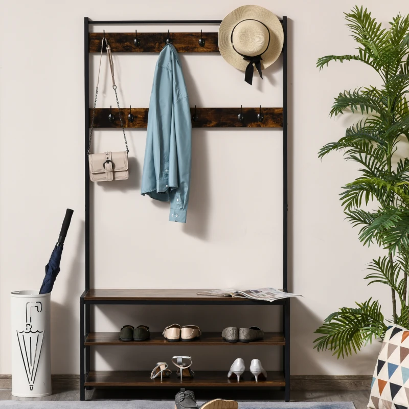 HOMCOM Garderobenständer mit 12 Haken und Schuhregal Kleiderständer Wandgarderobe Stahl Braun+Schwarz 100 x 40 x 184 cm