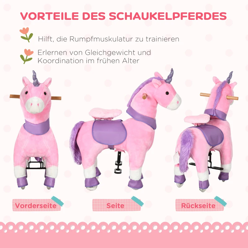 HOMCOM Schaukelpferd Einhorn, 4 Rollen, 2 Pedale, gepolsterter Sattel, 70 cm x 32 cm x 87 cm; Pink + Lila + Weiß