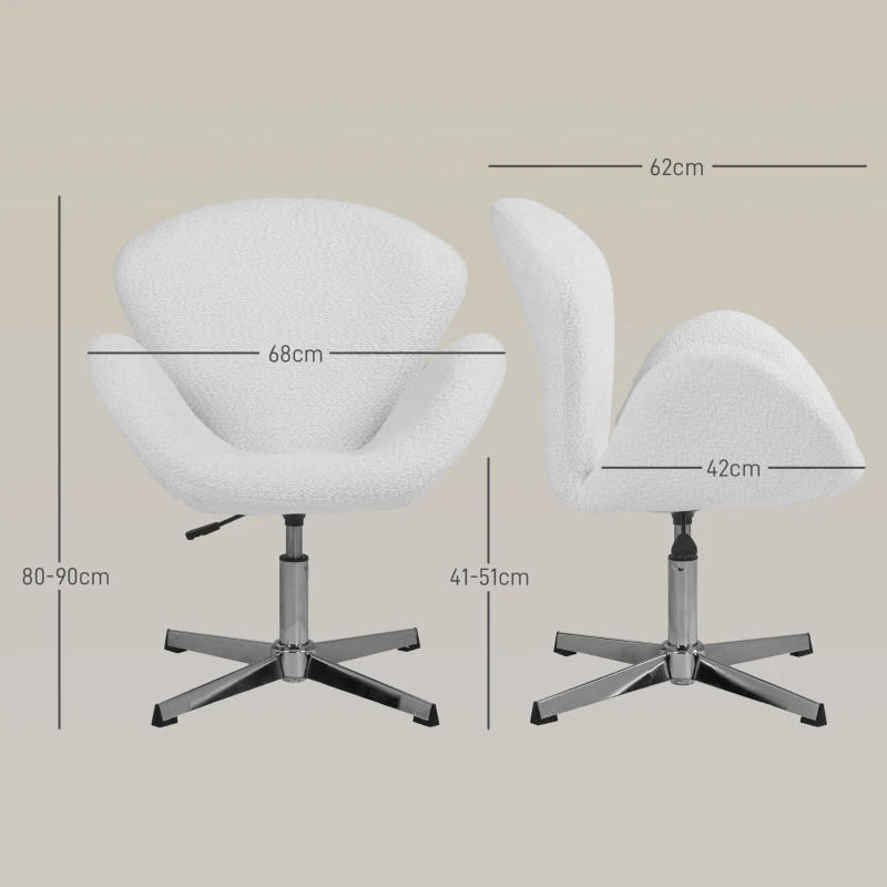 HOMCOM Fauteuil pivotant hauteur réglable revêtement tissu bouclette pour salon chambre bureau, blanc