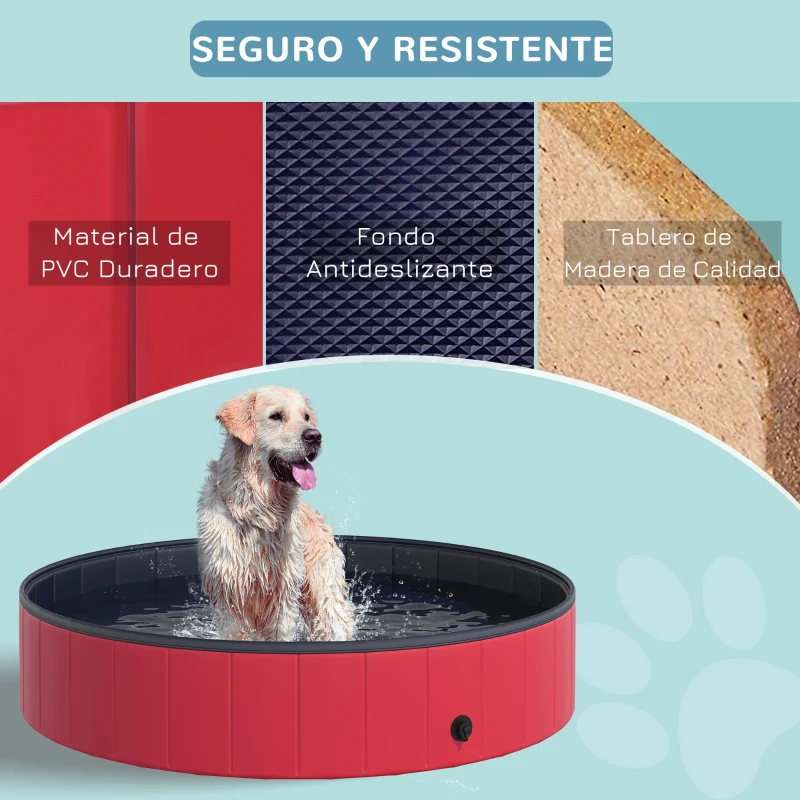 PawHut Piscina Plegable para Perros Gatos Ø140x30 cm Bañera Portátil para Mascotas PVC Antideslizante Múltiples Usos Color Rojo